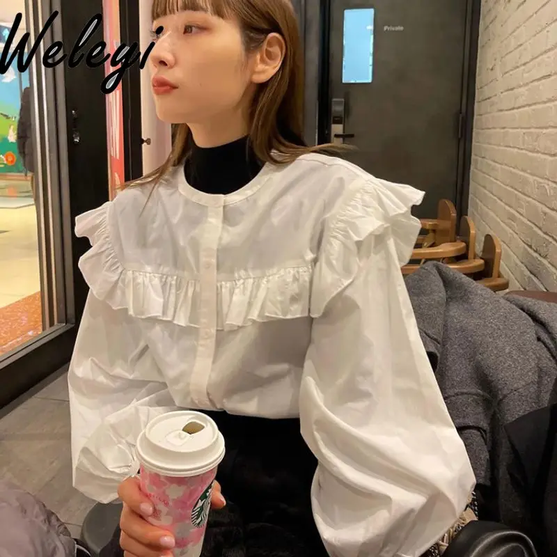 

Sweet Women's Clothes Japanese Style Multicolor Pleated Striped Ruffled Top Crew Neck Long Lantern Sleeve Shirt Women Wholesale