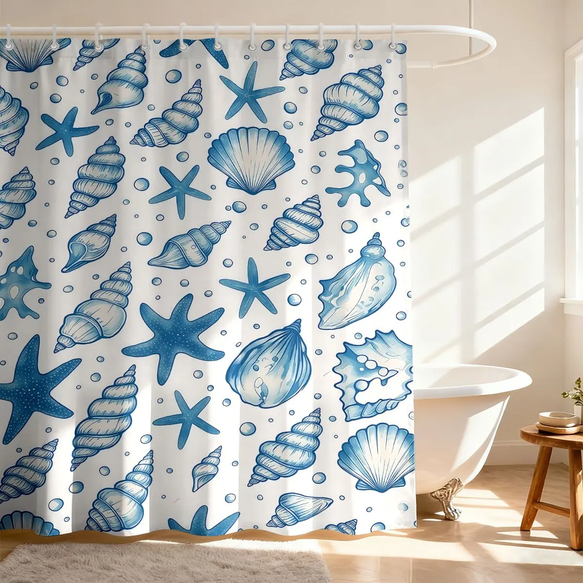 Coastal Nautical Hand‑Drawn Blue Seashell Starfish And Water Dots Repeat Pattern Bath curtain, Cozy Soft Warm 