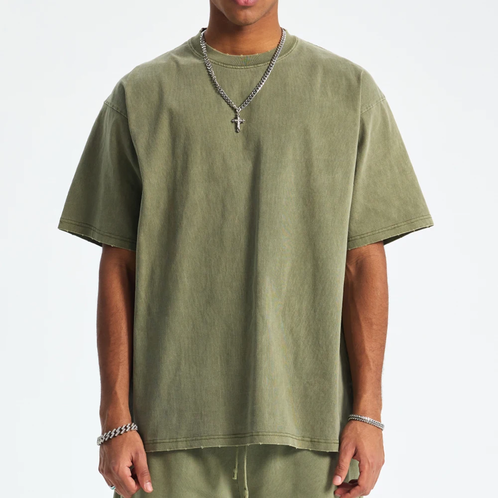 

High Quality Vintage Acid Washed Distressed Hem Oversized Drop Shoulder 100% Cotton 14 Color Plain Blank Men T Shirt