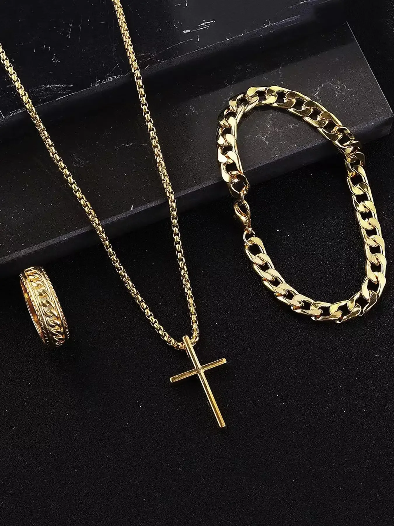 3 قطعة مجموعة الرجال الفولاذ المقاوم للصدأ المعادن الصليب سلسلة بدلاية قلادة سوار خاتم مجموعة الذكور الهيب هوب ارتداء اليومي الملحقات