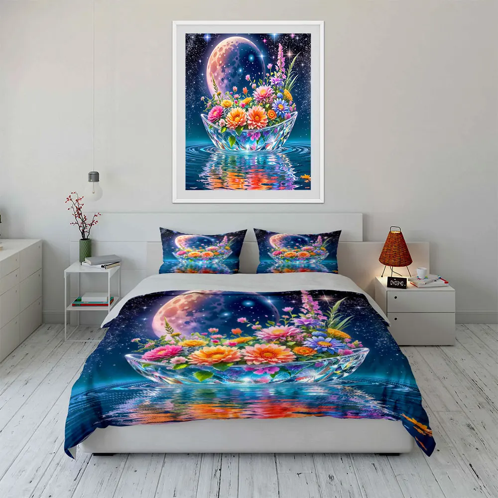 Glittering flower bowl under moonlit sky Print Soft Comfortable Duvet Cover Bedding Set Included 1*Duvet Cover  2*Pillowcases