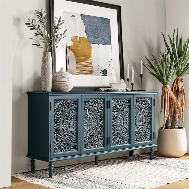 American Retro Carved Log Porch Cabinet Pastoral Floor Sideboard for Living Room Dining Area Decorative Storage Locker