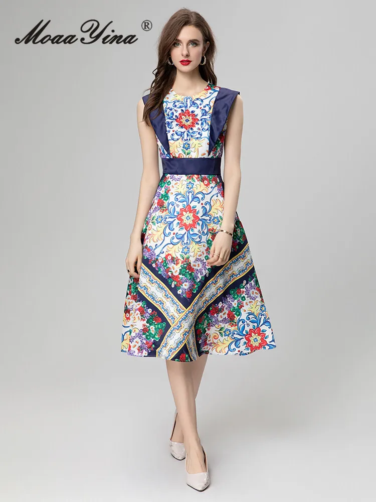 

MoaaYina Summer Fashion Designer High Quality Women Dress Elegant Holiday Vintage Floral Print Sleeveless O-Neck A-LINE Dresses