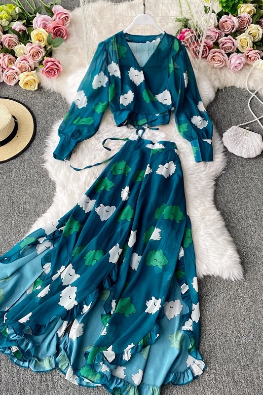 مجموعة الموضة تنورة مع حزام فقاعة كم الخامس الرقبة الشيفون قميص انقسام تنحنح عالية الخصر الشيفون تنورة طويلة قطعتين مجموعة #6