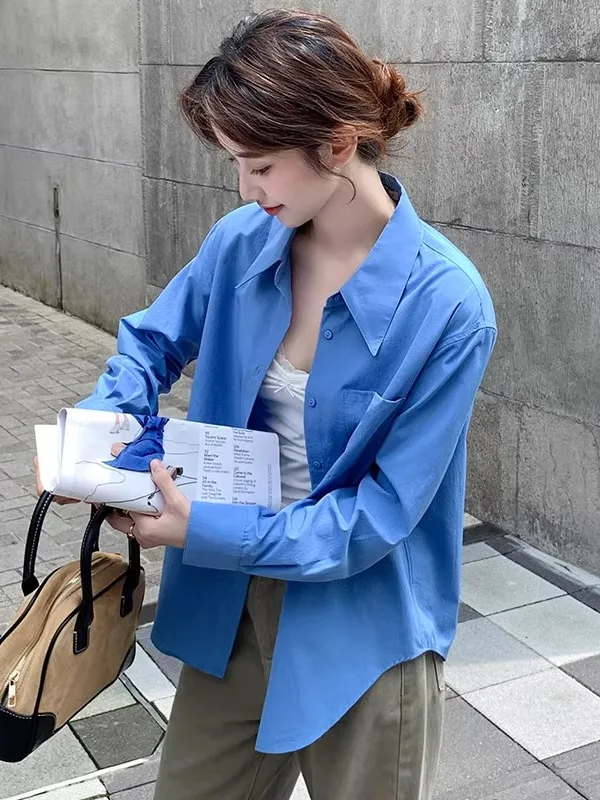 

Klein Blue Women's irt Spring Autumn New Sle Hong Kong Sle Slightly Loose Layering Casual irt Inner Wear Top