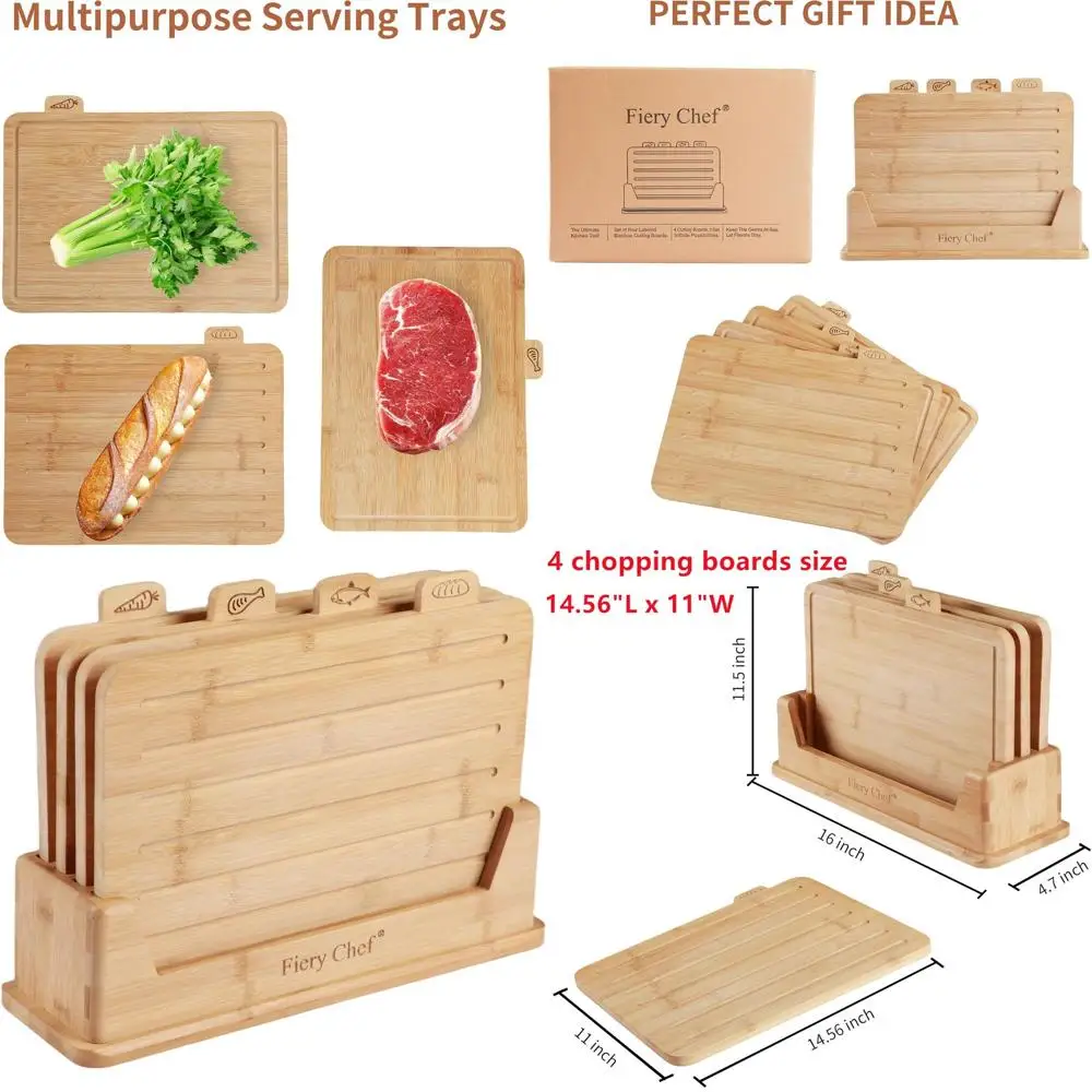 

Набор из 4 бамбуковых разделочных досок с держателем и пищевыми значками — 14,56 x 11 Вт, идеально подходит для разделения мяса, рыбы, хлеба, овощей, фруктов