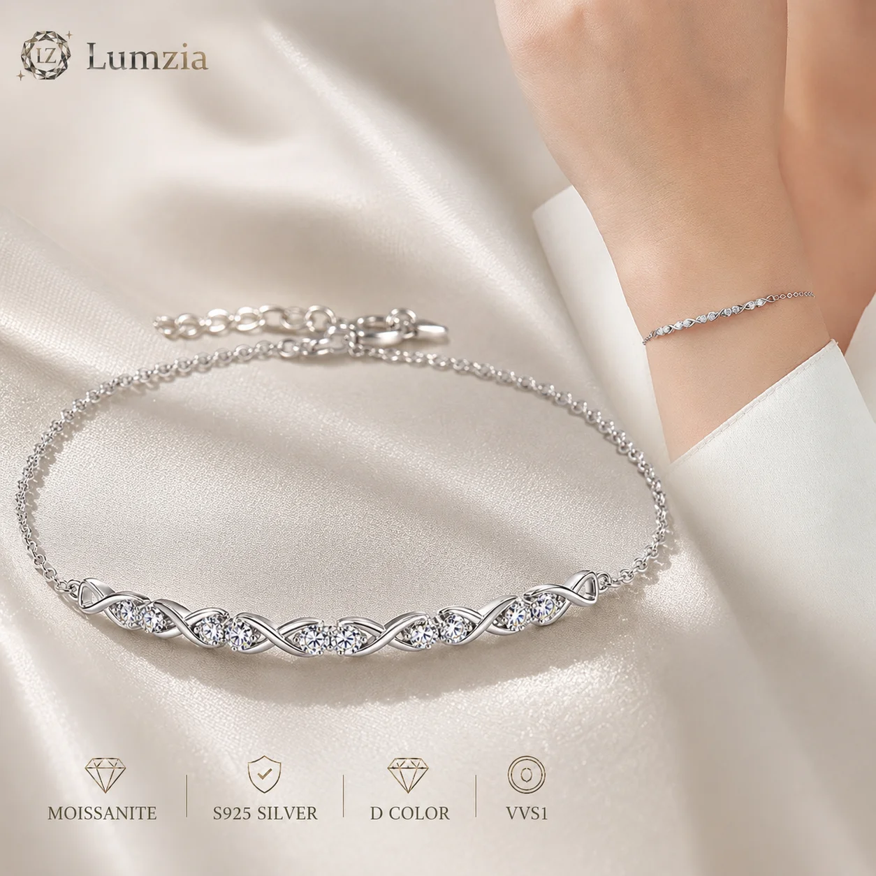 Moissanite Infinity Chain Bracelet S925 Sterling Silver Minimalist Twist Jewelry Gift for Women GRA Certified