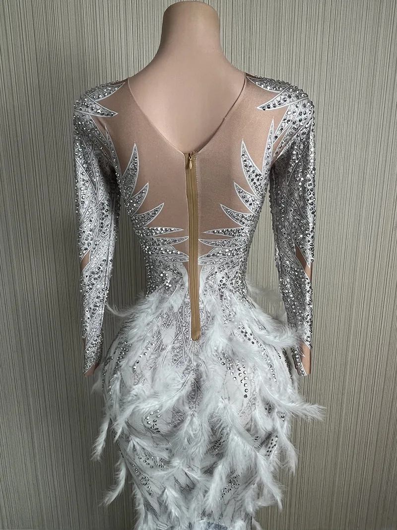 Customized New Long Sleeve Feather Streaking lace  High Elastic Sequins Sexy Tight Dress Birthday Party  Dress Performance Dress