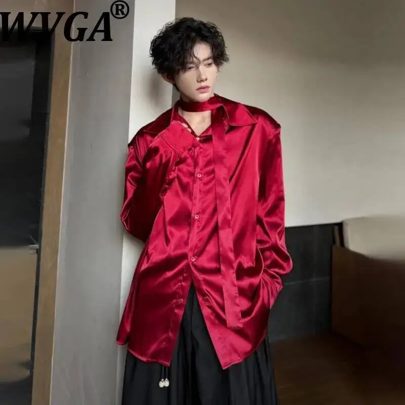 

WVGA New Spring Autumn New Men Velvet Ribbon Design Trendy Long Sleeved Shirt Niche Chic Casual Turn-Down Collar Tops Ins W23788