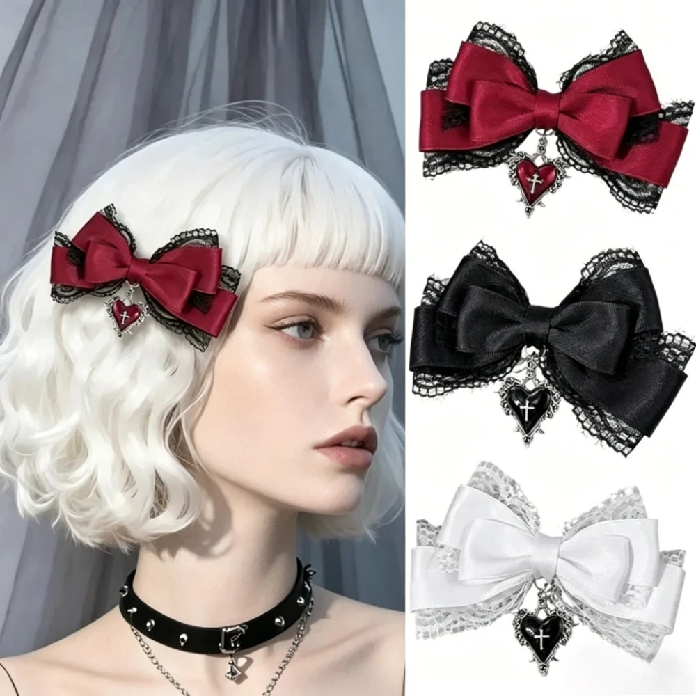 Gothic-Lolita-Haarspangen, Dunkle Coole Schleifen-Haarnadeln mit Spitze, Liebeskreuz-Anhänger, Modischer Persönlichkeits-Haarschmuck für Mädchen