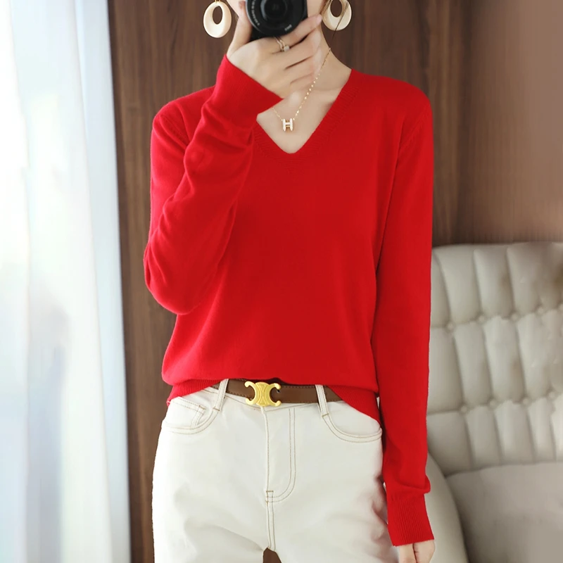 2022 autumn and winter new cashmere sweater V-neck pullover thin sweater loose version cardigan sweater