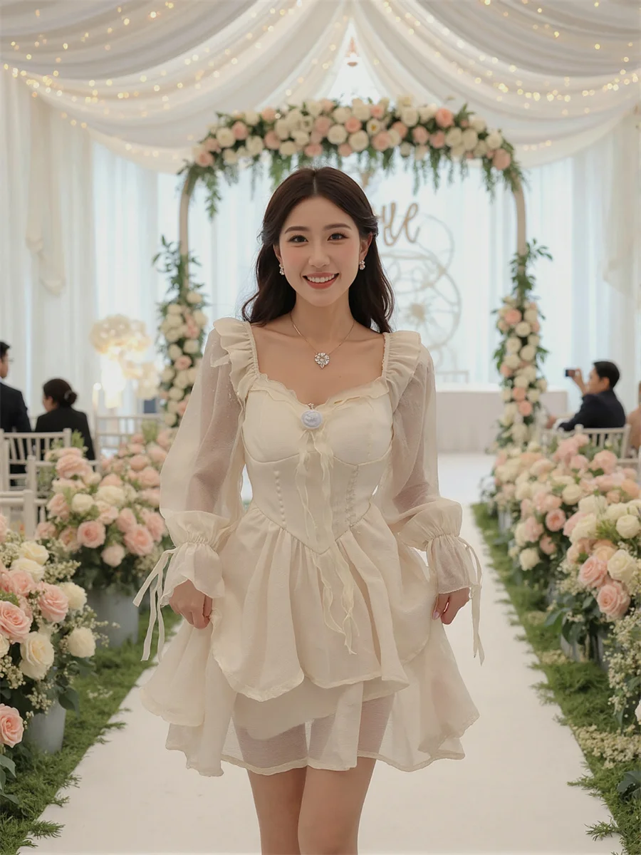 Dames Witte Jurken Voor Dames Gedrapeerde Ruches Herfst Slim-Fit Halve Mouw Bloemen Elegant Doorschijnend V-hals Comfortabel Col Gesplitst