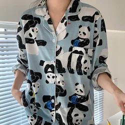 Cartoon Panda Pajama Women Spring and Autumn Long-sleeved New Girl Cardigan Home Clothes Soft Kawaii Student's Loungewear Women