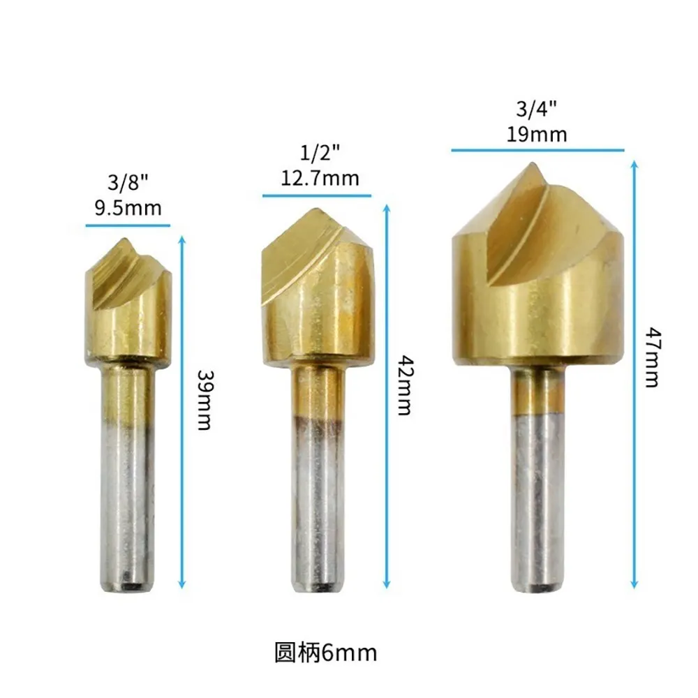 Meikela 3PCS Countersink Drill Bit Set 1/4'' Shank HSS 5 Flute Countersink 90 Degree Wood Chamfering Cutter Chamfer 6mm-19mm