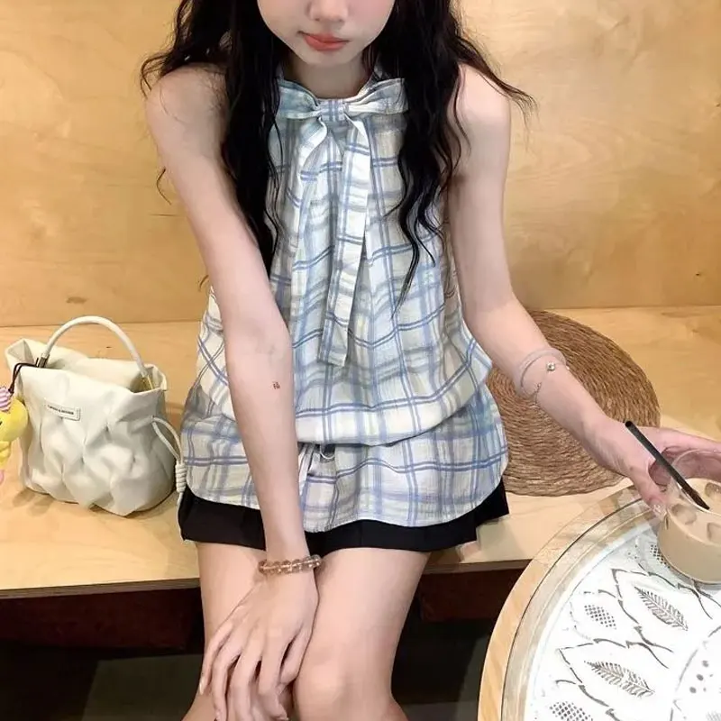

Female Clothing Korean Plaid Halter Tanks Sweet Bandage Bow Summer New Sleeveless Tops Fashionable Basic Waist Drawstring Tees