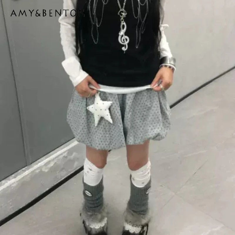 

Retro Gray Star Print Knitted Puffy Women's Short Skirt Pants Autumn New Sweet Cute Versatile Elastic Waist Mini Skirts Ladies