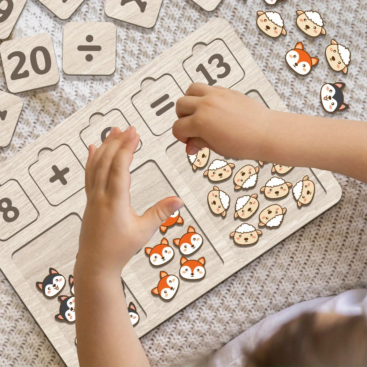 Juego de bandejas de tablero aritmético de matemáticas de madera, bloques numéricos y tablero para contar animales, juguete educativo para edades tempranas de guardería para niños pequeños