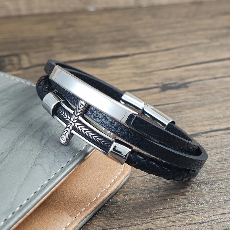 Charm Kreuzgeflecht-Muster Leder Geflochtenes Edelstahl-Armband Magnetverschluss Seilgewebtes Armband Herrenschmuck Geschenke