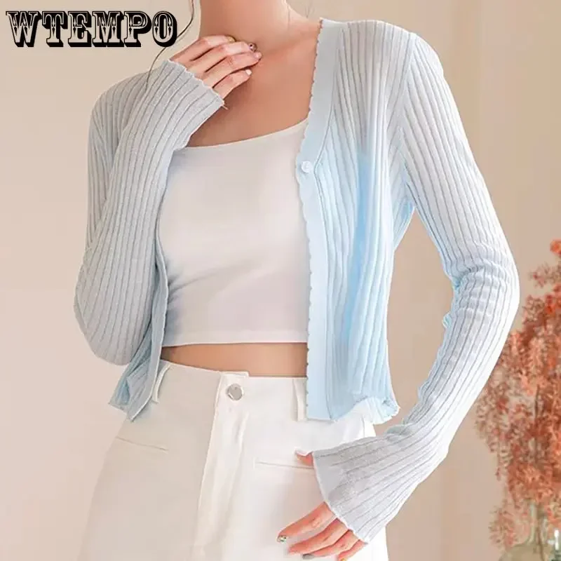 WTEMPO Ice Silk Knitted Sunscreen Cardigans Women\'s New Summer Thin Shawls Button Smock Solid Short Air Conditioned Shirts Coats