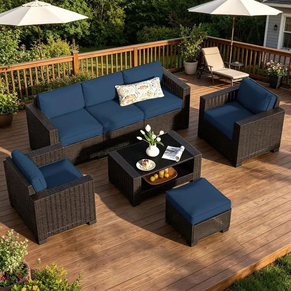 

7-Piece Outdoor Wicker Sectional Sofa Set with Washable Cushion Covers and Tempered Glass Table for Patio or Poolside