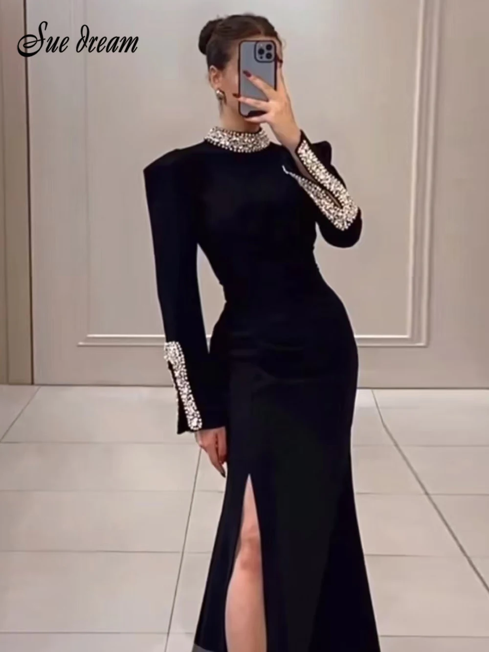 2024 Autumn New Women\'s Black Sexy Long Sleeved O-neck Diamond Split Bandage Long Dress Bodycon Celebrity Party Evening Dress