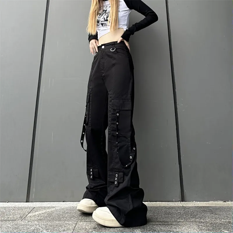 2023 Roupa Y2K Streetwear Moto Biker Black Straight Flare Cargo Jeans Pants Women Goth Clothes Harajuku Fashion Lady Trousers