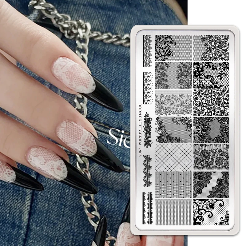 BORN PRETTY Classic Plaid French Nail Stamping Plates Easy Design Flower Leaves Nail Printing Stencil Floral Line Stamp Template