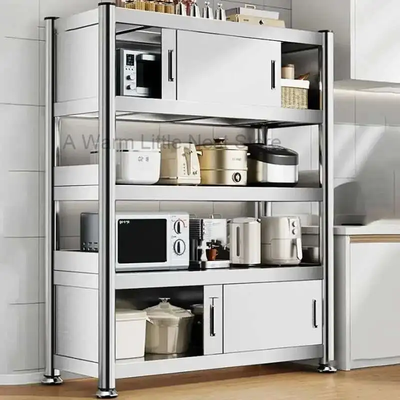 

Stainless Steel Kitchen Cabinets with Door Floor Multi-layer Sliding Door Cabinet Storage Racks Multi-functional Home Furniture