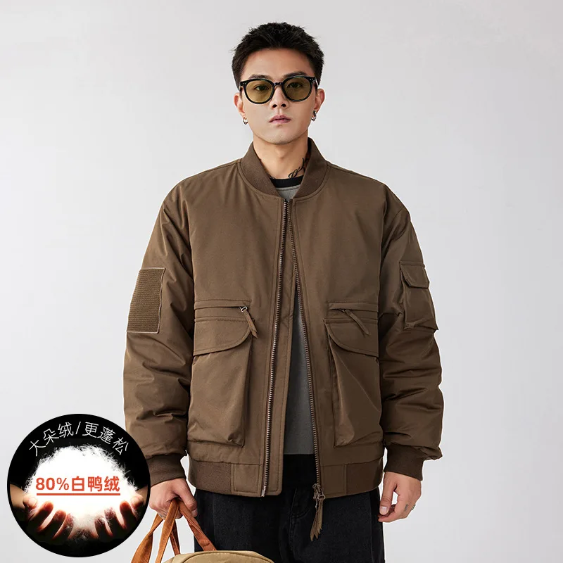 Winter Men 80% White Duck Down Coat Bomber Style Multi Pocket Zipper Warm Oversized Hip Hop Streetwear Jacket