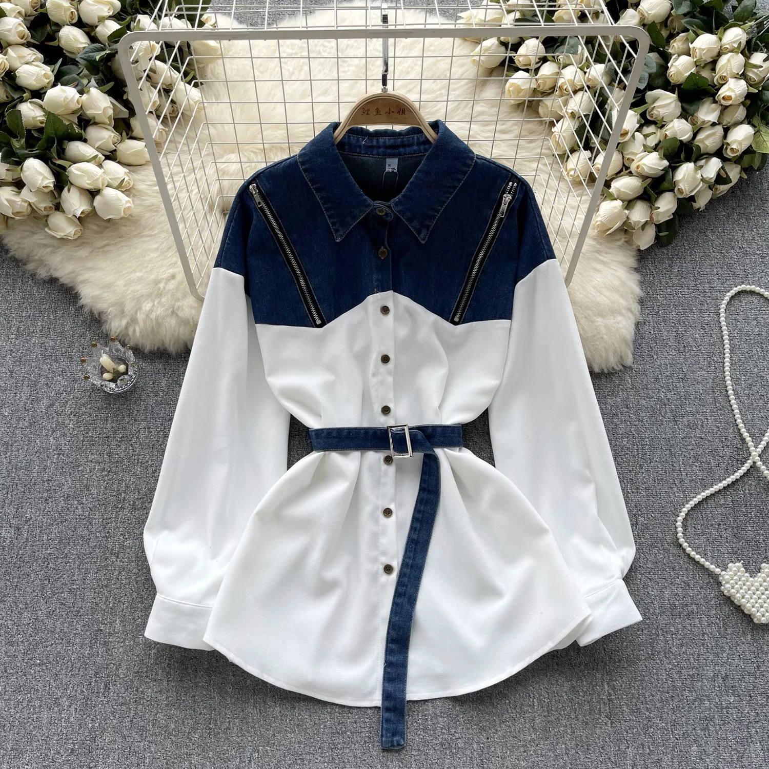 

Denim Shirt Top Women Patchwork Sashes Tight Waist Turn Down Collar Single Breasted Washed Vintage Overshirt Streetwear Autumn