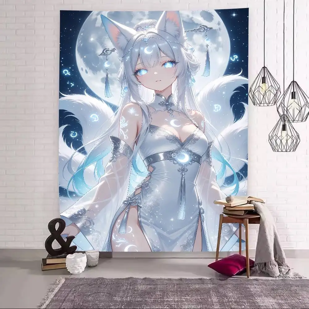 Hot Pretty Silver White Nine-Tailed Fox Goddess Tapestry, Moonlight Anime Girl with Silver Hair Aesthetic Wall Hanging Decor