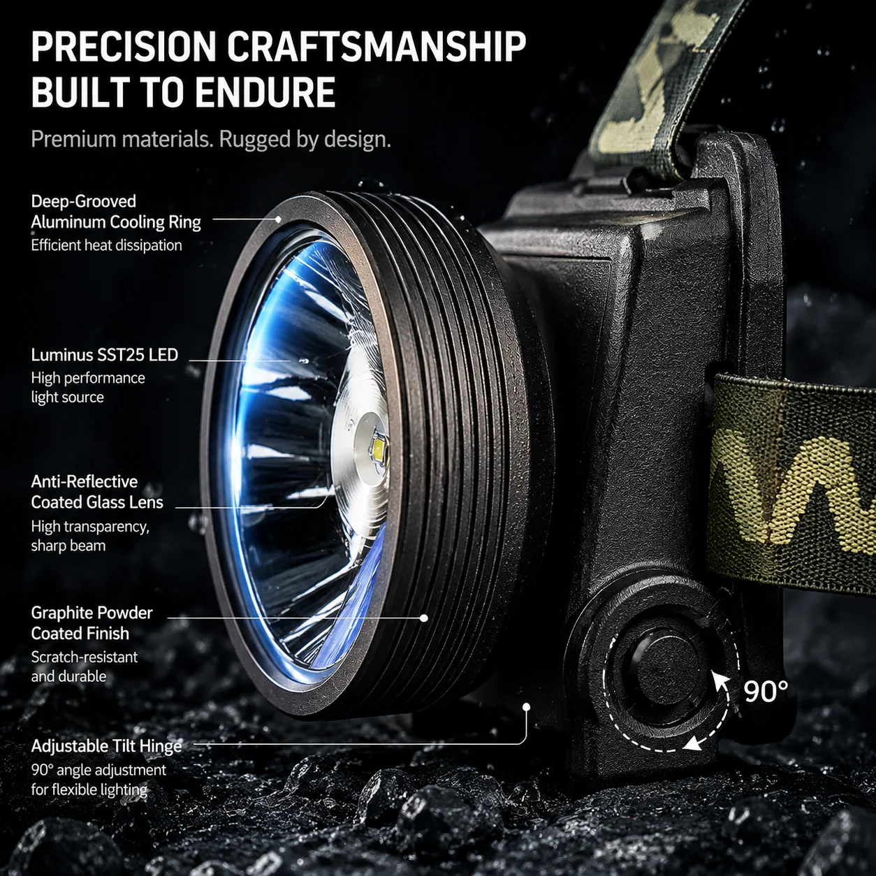 Rechargeable 735C Super Bright LED Headlamp, 2000LM Head Light with Long Battery Life for Camping, Mining, Outdoor Work