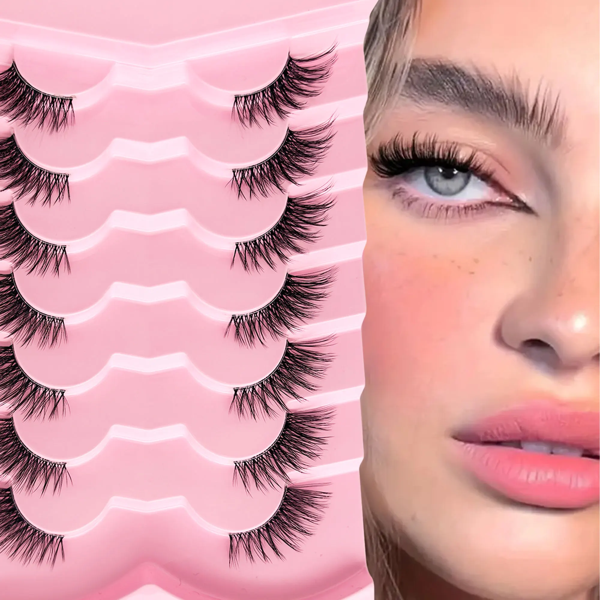 7 paar 3D halve wimpers, transparante band, langwerpige buitenhoeken, zacht en natuurlijk, geschikt voor dagelijks gebruik.