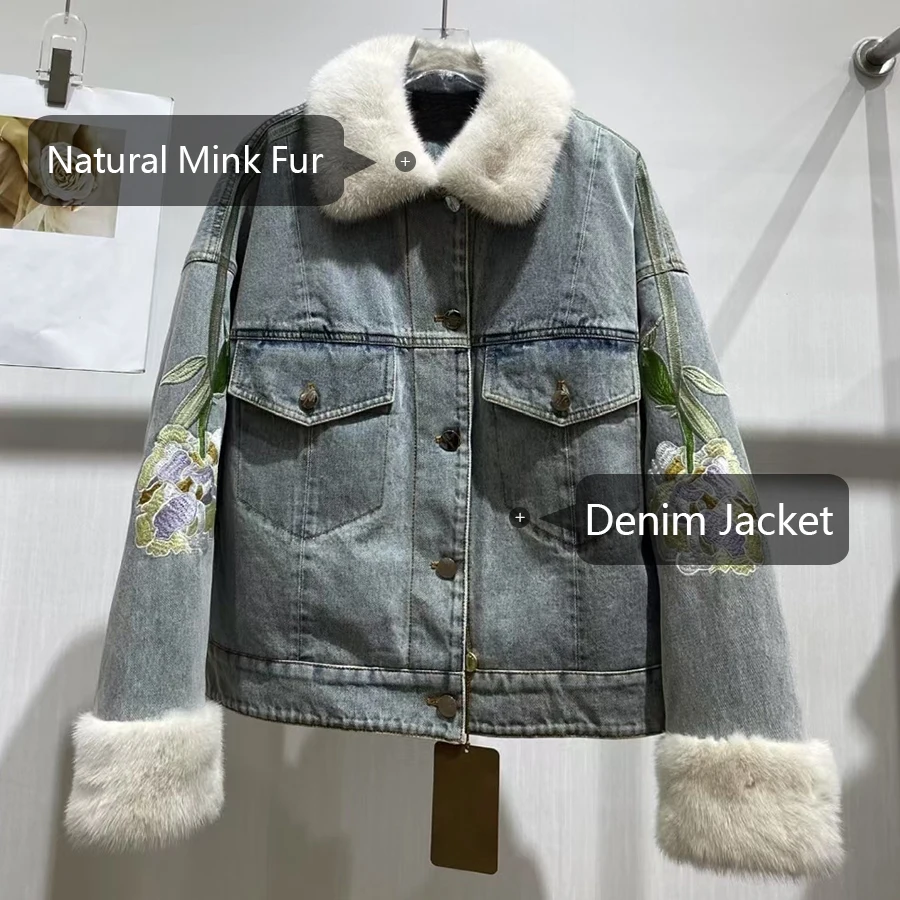 여성용 데님 봄버 재킷 화이트 내추럴 밍크 퍼 재킷 숏 다운 재킷 천연 퍼 베스트셀러 퍼리 재킷