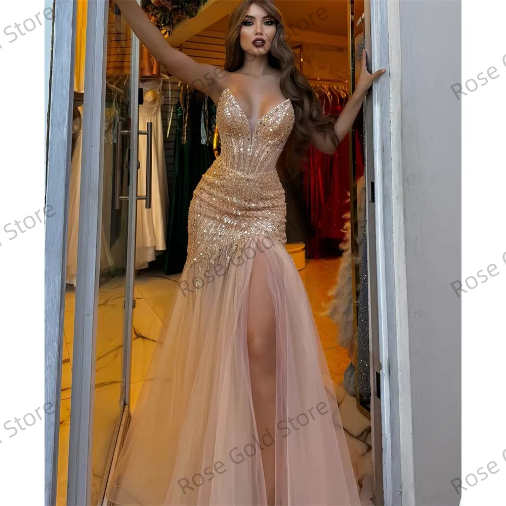 Strapless sereia vestidos de baile lantejoulas robes de soirée lado alta divisão vestidos de noite dia dos namorados vestido de casamento personalizado
