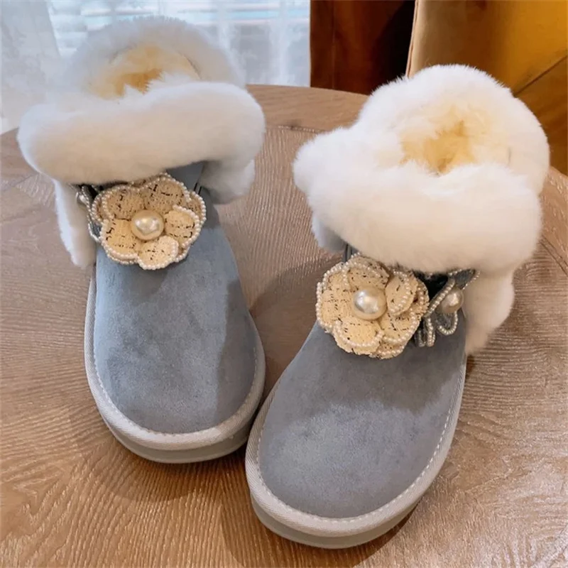 Round head beaded rhindiamonds three-dimensional flower cotton shoes handmade custom fur integrated women's snow boots 35-40