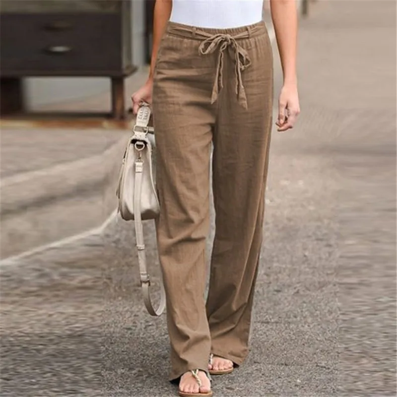Women's Cotton-Linen Wide-Leg Pants Solid Color Loose Fit Elastic Waist With Drawstring Summer Casual Trousers Dfyne 바지