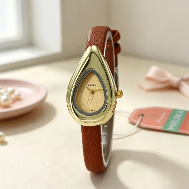 Hot Sale New Design Irregular Water Drop Dial Quartz Watch Ladies Retro Soft Leather Strap Wristwatch Female Dress Clock Gifts