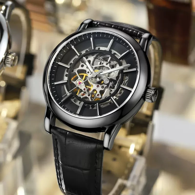 AILANG Brand Luxury Automatic Hollow Mechanical Watch for Men Sports Leather Strap Waterproof Luminous Skeleton Watches Mens