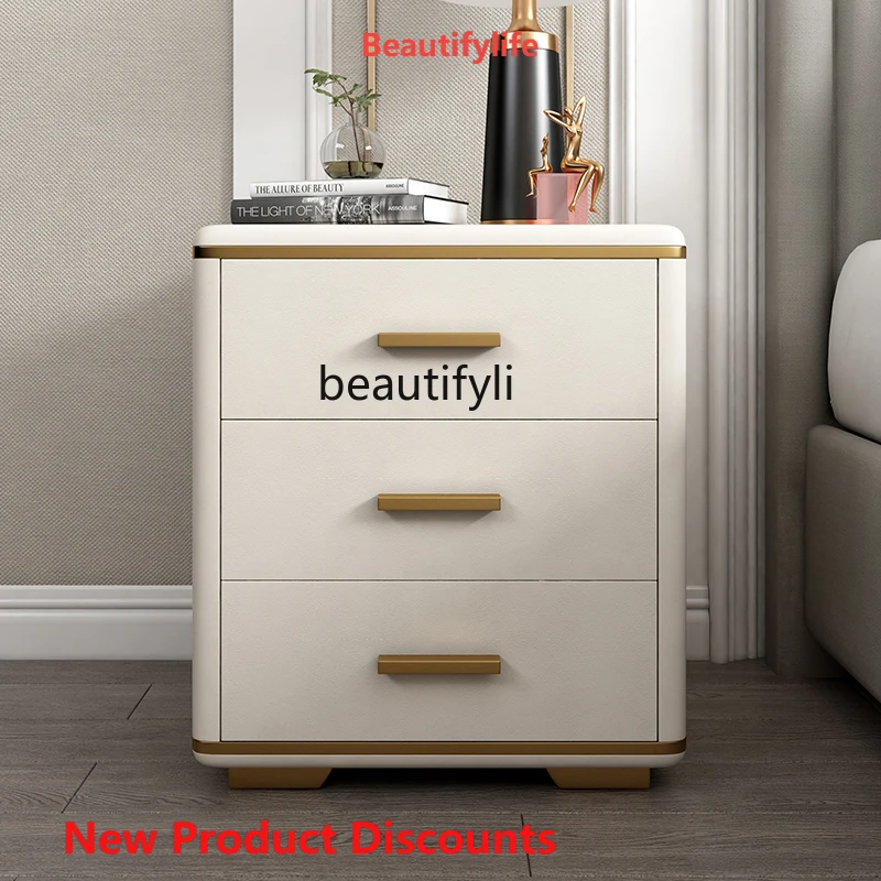 

A15 Cream Bedside Table Simple Modern Light Luxury Master Bedroom Storage Organizer Leather Three Drawers Bedside Cabinet