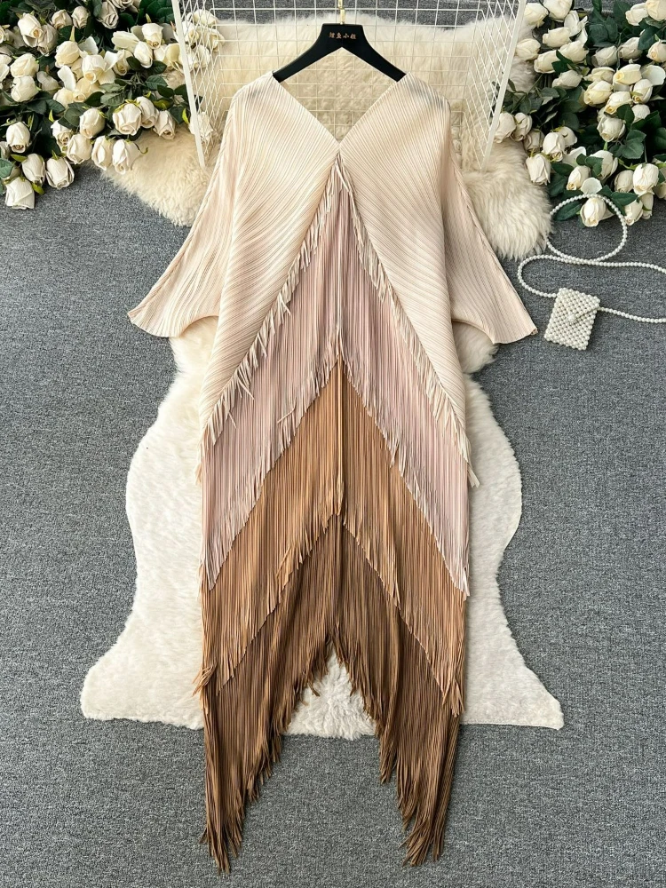 Miyake Tassel Patchwok Color Block Dress for Women Pleated Batwing Sleeve Mid-calf Dresses Fashion Female 2025 Summer - Image 5