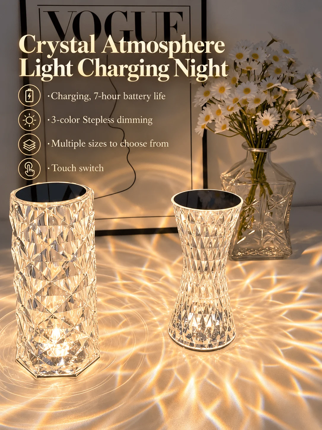 Persun Diamond Table Lamp For Bedroom Bedside Art Deco Romantic Portable Touch Crystal Desk Light Charging LED Table Night Light