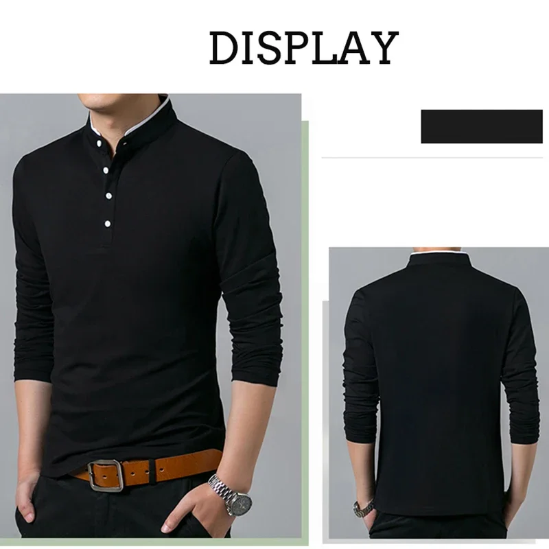 Men\'s Fashion Long sleeved POLO Shirt Casual Cotton Breathable Top Stand up Collar Korean Comfortable T-shirt Top