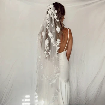 Welon ślubny Organza Kwiaty Welon ślubny 3D Kwiatowa aplikacja Koronka Absolutnie wspaniały welon ślubny Ozdoby tiny Delicate V52