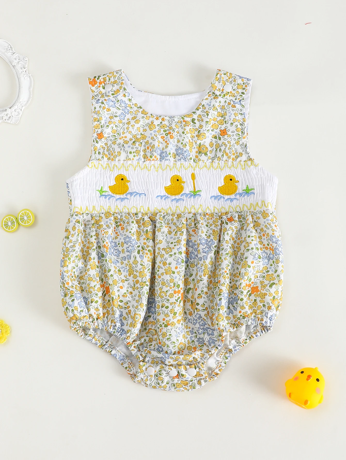 Lindo pato bordado patrón bebé niña mameluco sin mangas mono ropa infantil cómoda tela suave ropa de bebé