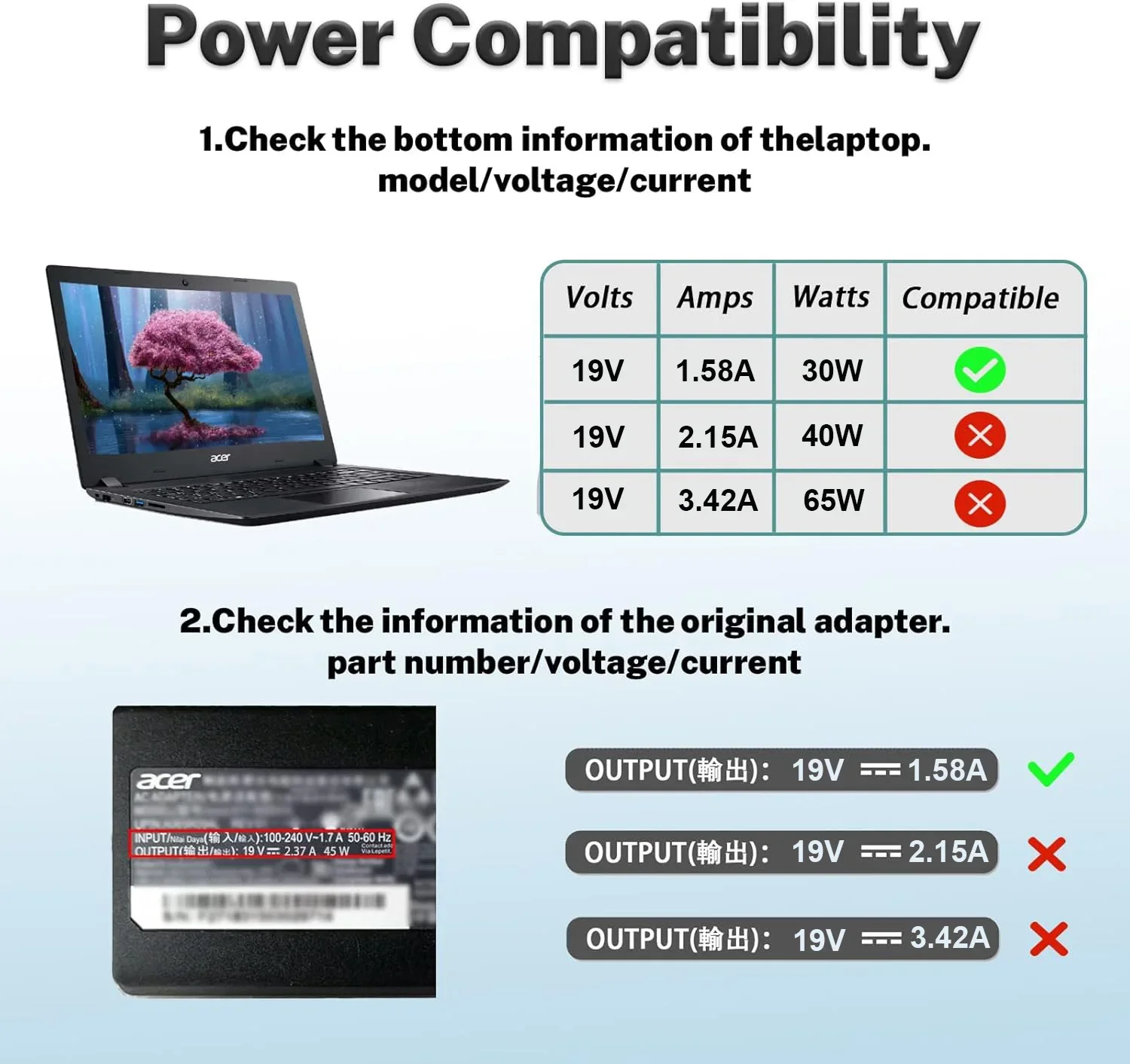 19V 1.58A 5.5mm*1.7mm PA-1300-04 ADP-30JH B Laptop AC Adapter Charger for Acer,Gateway,Packard Bell EasyNote,eMachines EM250,