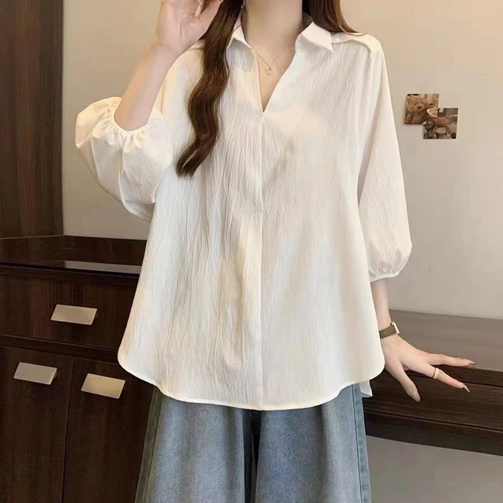 New white shirt for summer plus size slimming and belly covering design, loose seven quarter sleeve top for women