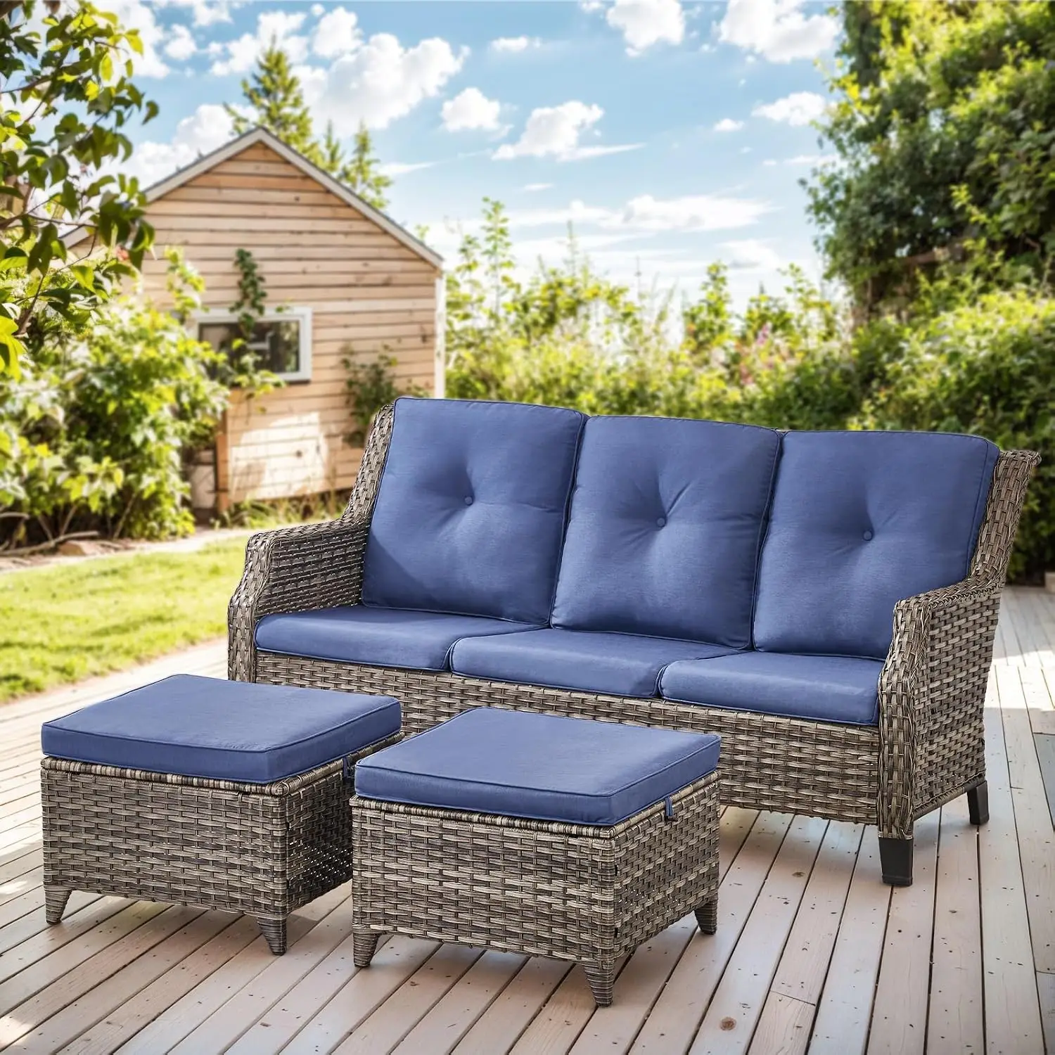 Grey Wicker Patio Sofa Set With Blue Cushions & 2 Footrests For Garden Balcony Backyard Poolside, Customized