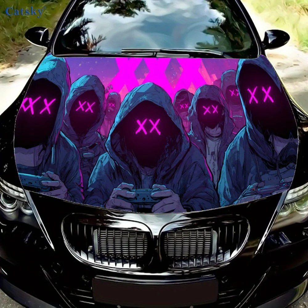 

Cyber Gaming Squad Car Vinyl Wrap, PVC Waterproof Car Hood Sticker, Self-Adhesive Scratch-Resistant Stickers for Engine Cover, C