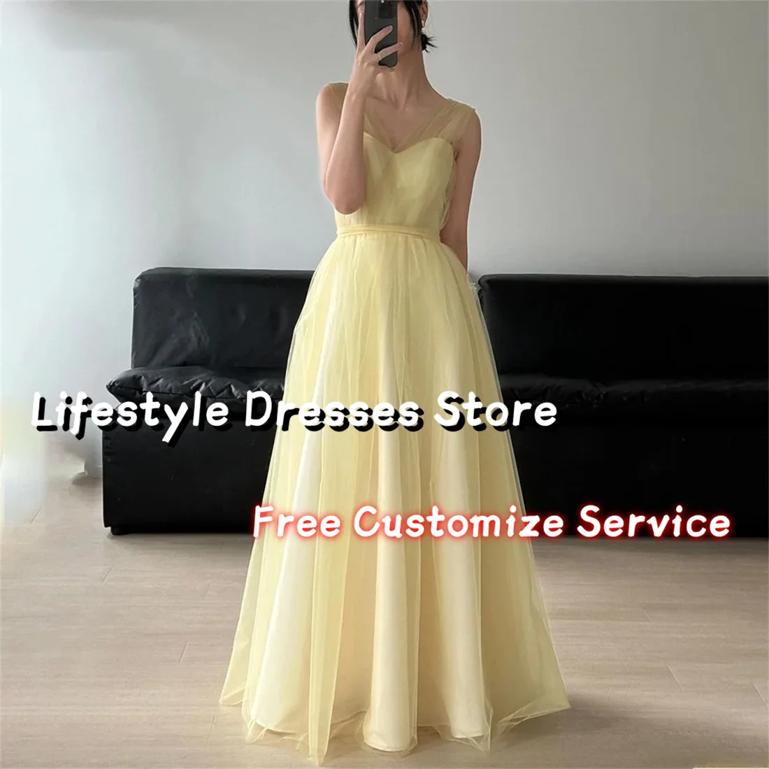 

Blush Yellow Tulle Sleeveless Wedding Dress Simple A Line Evening Dress For Women korea Prom Gowns Photo Formal Dress
